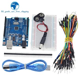 TZT Starter Kit pour arduino UnoR3 : UnoR3, platine de prototypage, fils de raccordement, câble USB et connecteur de batterie 9 V